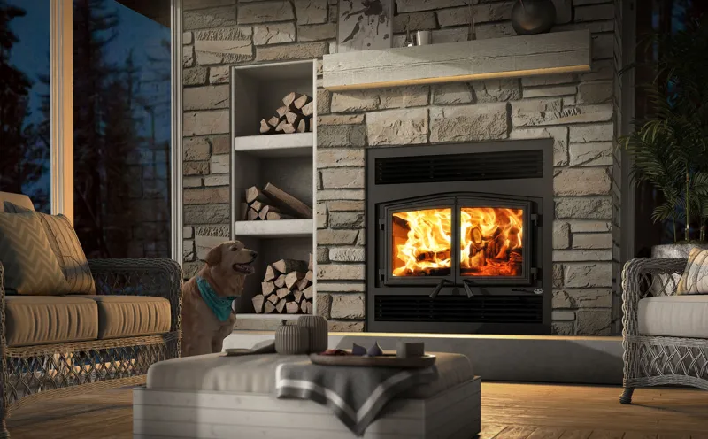 Wood-burning fireplace with crackling flames