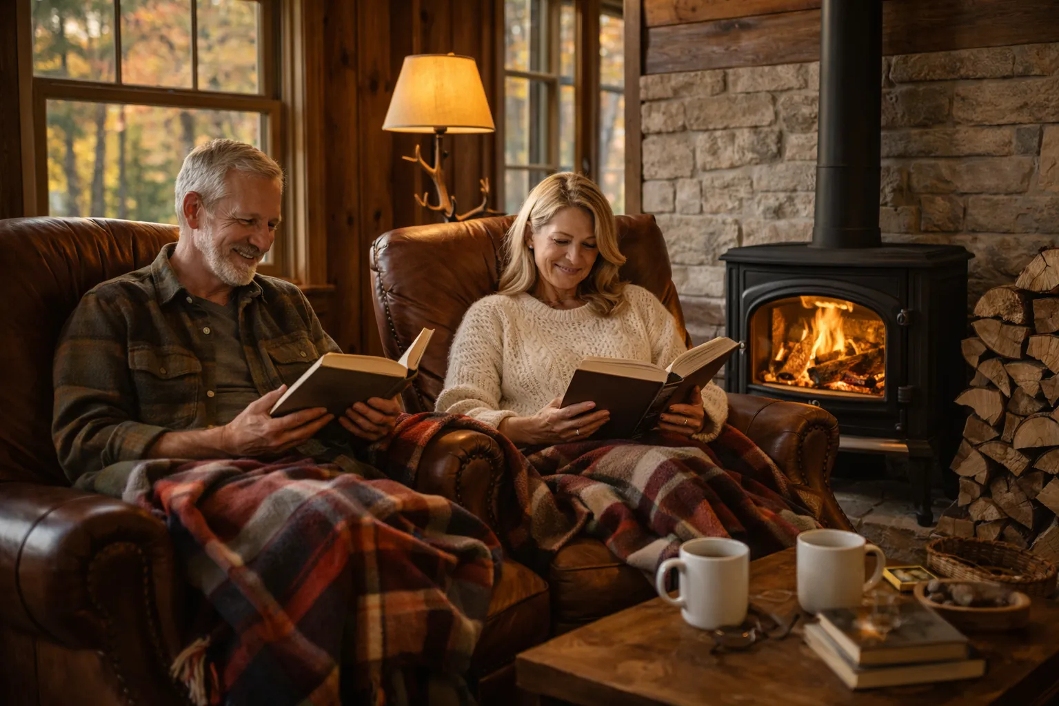 Couple staying warm by a wood stove in a cozy cabin