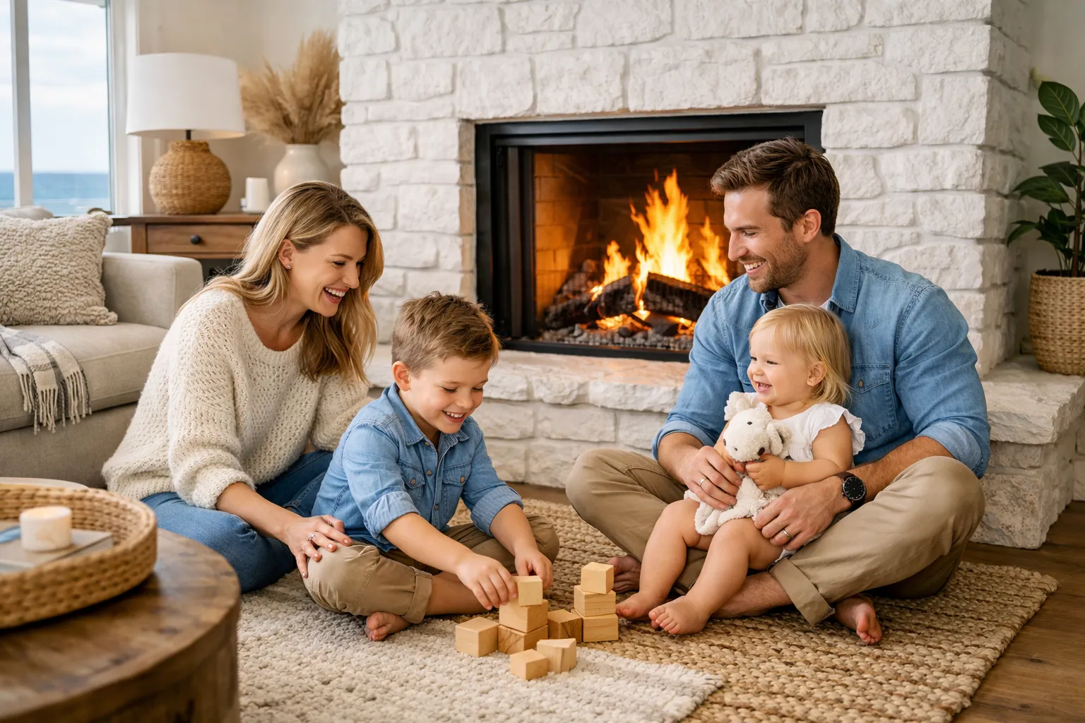 Family enjoying a warm fireplace in their living room