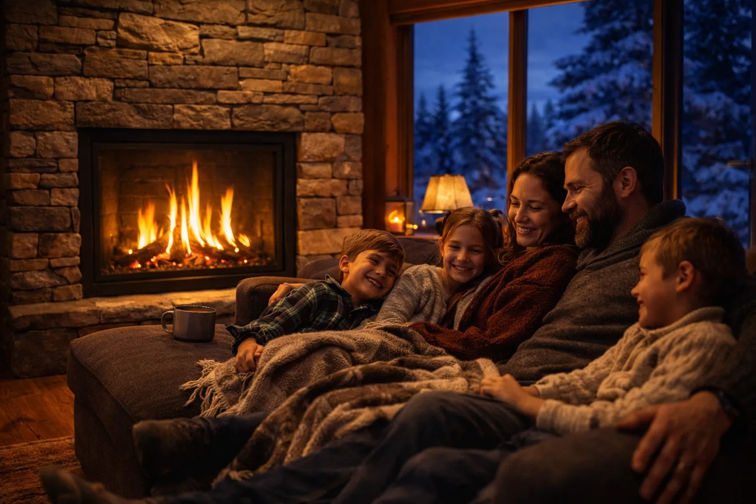 Family by fireplace in Alaska home