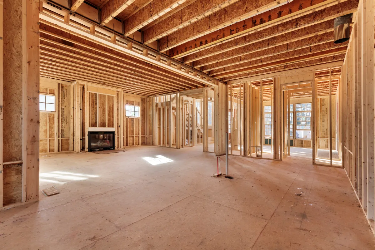 New home construction framing with space for fireplace installation