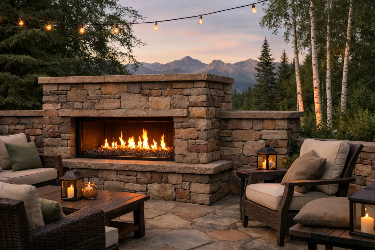 Built-in outdoor gas fireplace on a patio with mountain backdrop