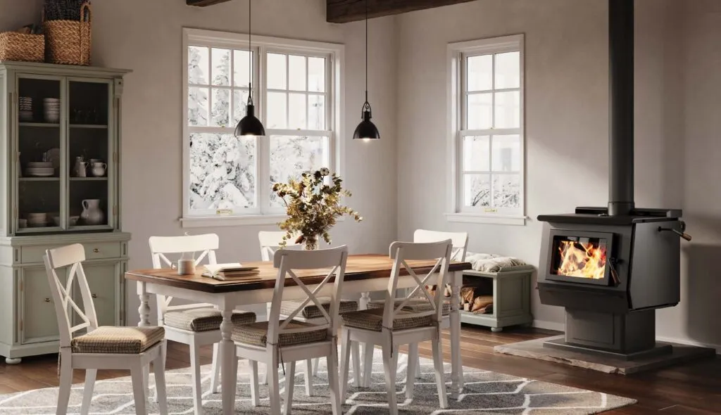 Wood stove in a farmhouse kitchen with snowy windows